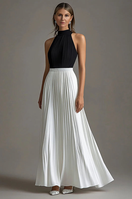 Black and White High Neck Pleated A Line Long Formal Dress