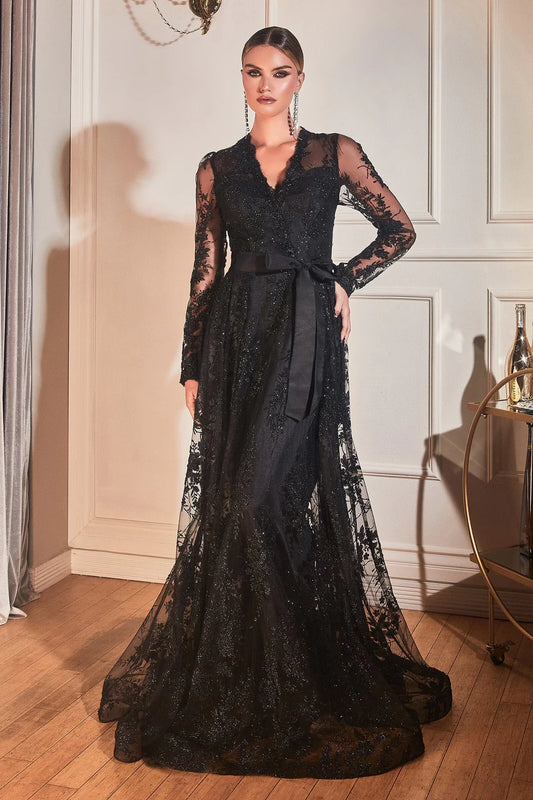 Black lace transparent long sleeved V-neck dress