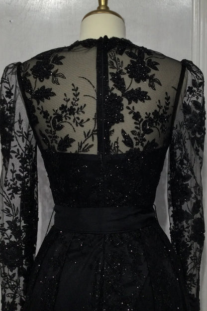 Black lace transparent long sleeved V-neck dress