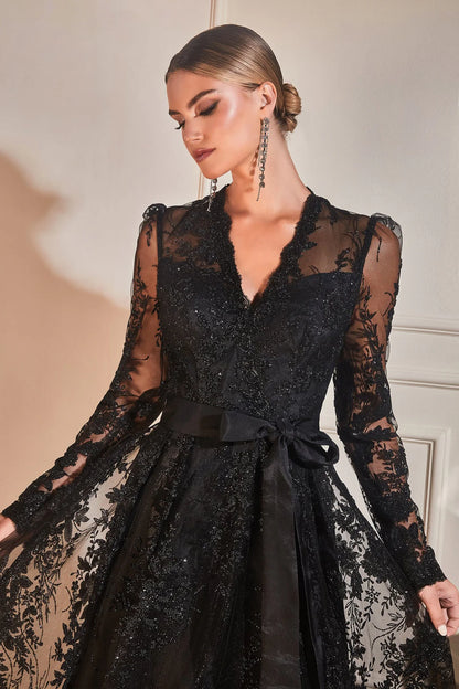 Black lace transparent long sleeved V-neck dress