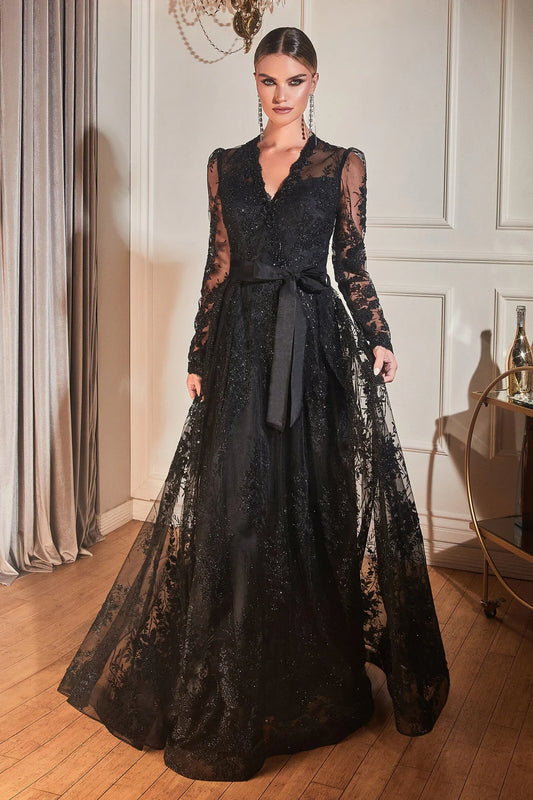 Black lace transparent long sleeved V-neck dress