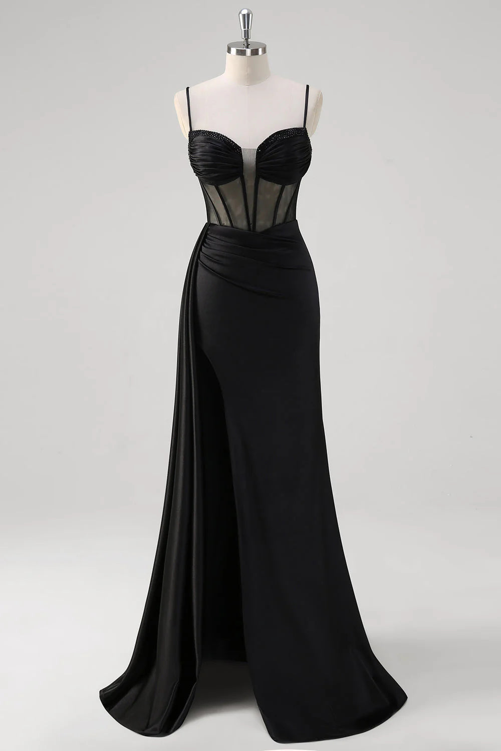 Black mermaid bead transparent tight corset ball dress with slit