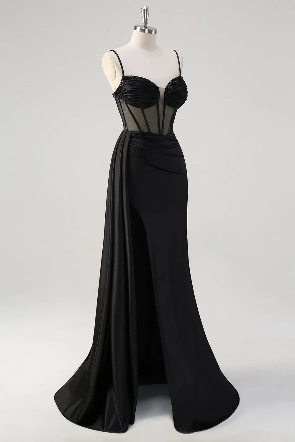 Black mermaid bead transparent tight corset ball dress with slit