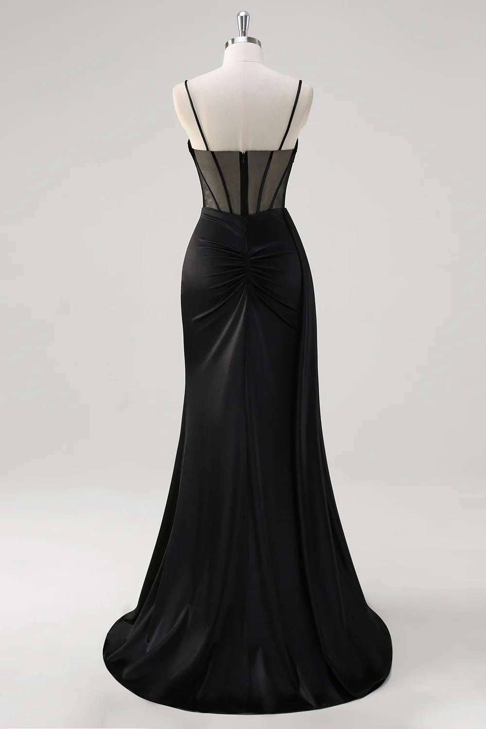 Black mermaid bead transparent tight corset ball dress with slit