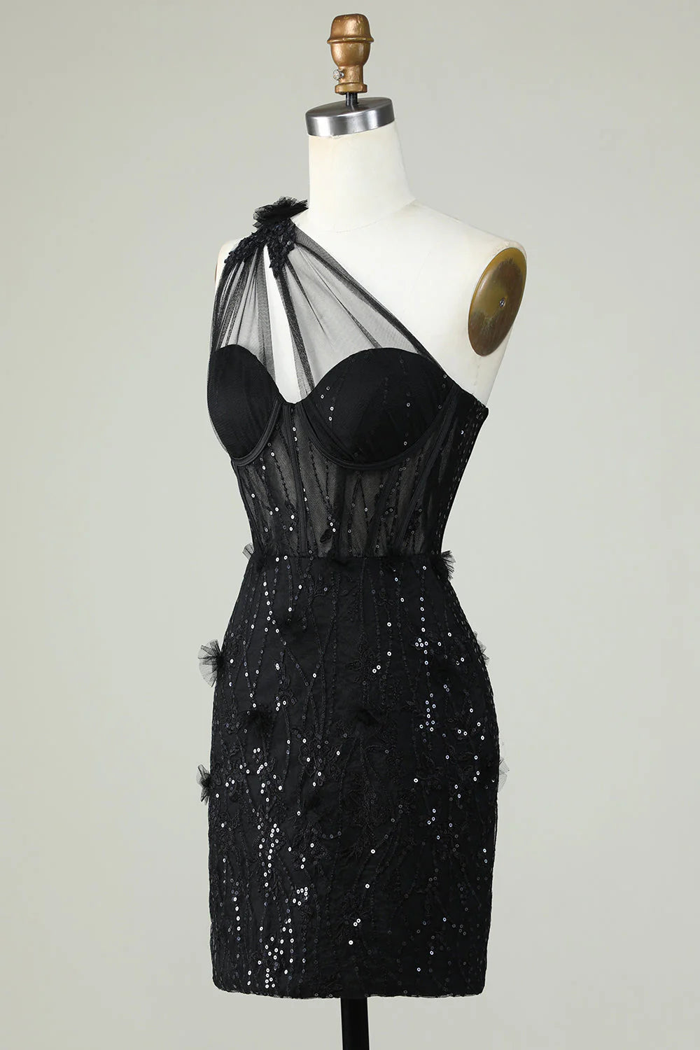 Black one shoulder tight corset short back to school dress with decals