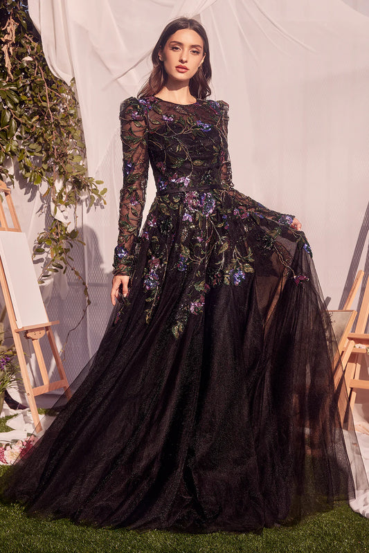 Black round neck lace long sleeved A-line dress with decals