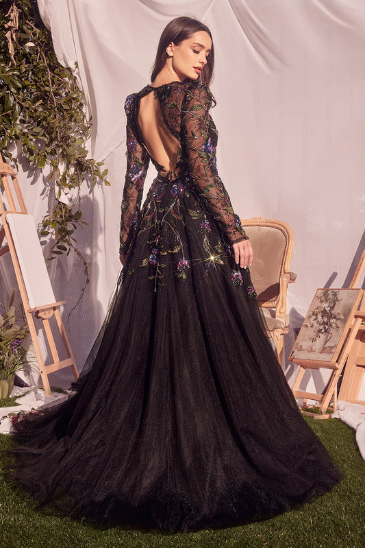 Black round neck lace long sleeved A-line dress with decals
