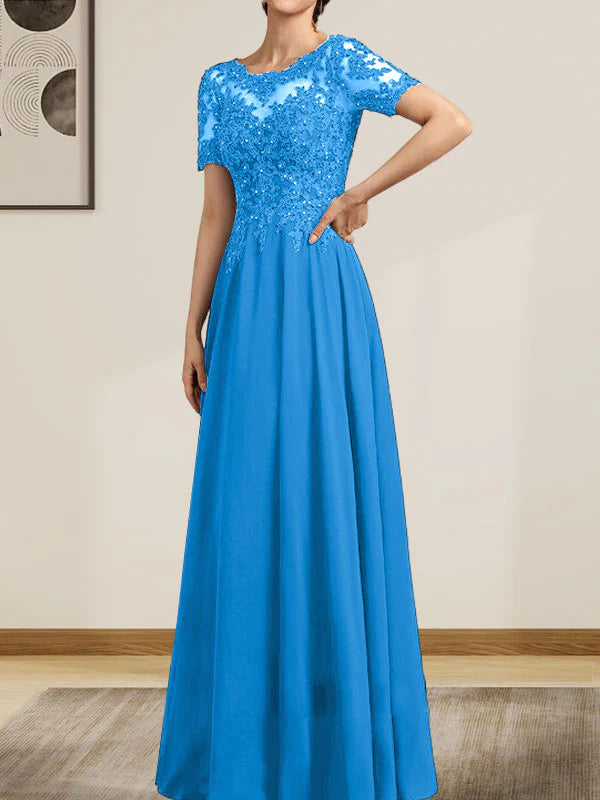 A-line Scoop Illusion Floor-Length Chiffon Lace Mother of the Bride Dress With Sequins Beading