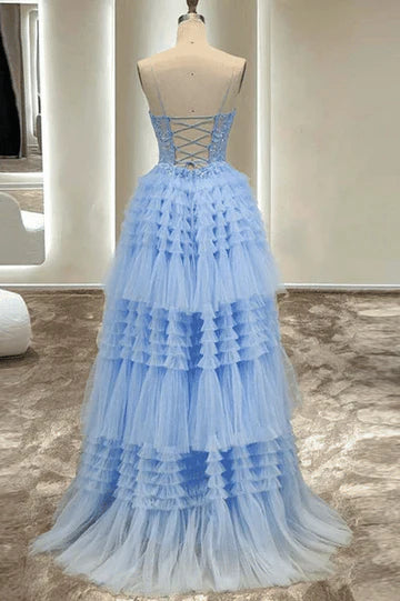 Blue A-Line Spaghetti Straps Appliques Tiered Tulle Long Prom Dress