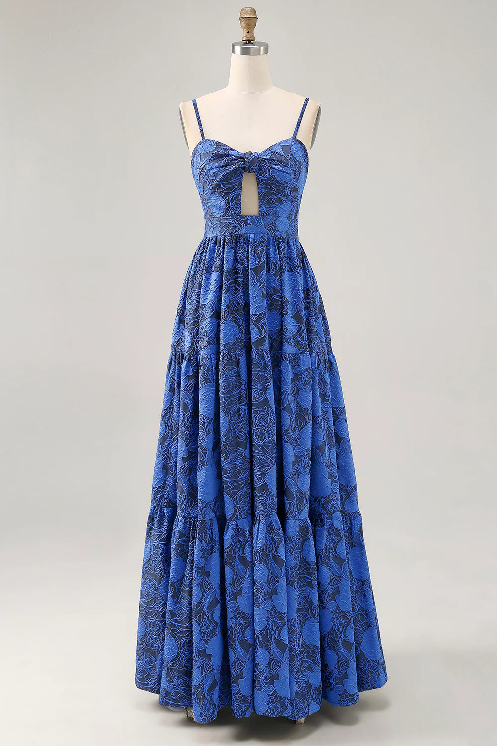 Blue A-Line Spaghetti Straps Cut Out Floral Floor Length Dress