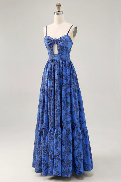 Blue A-Line Spaghetti Straps Cut Out Floral Floor Length Dress