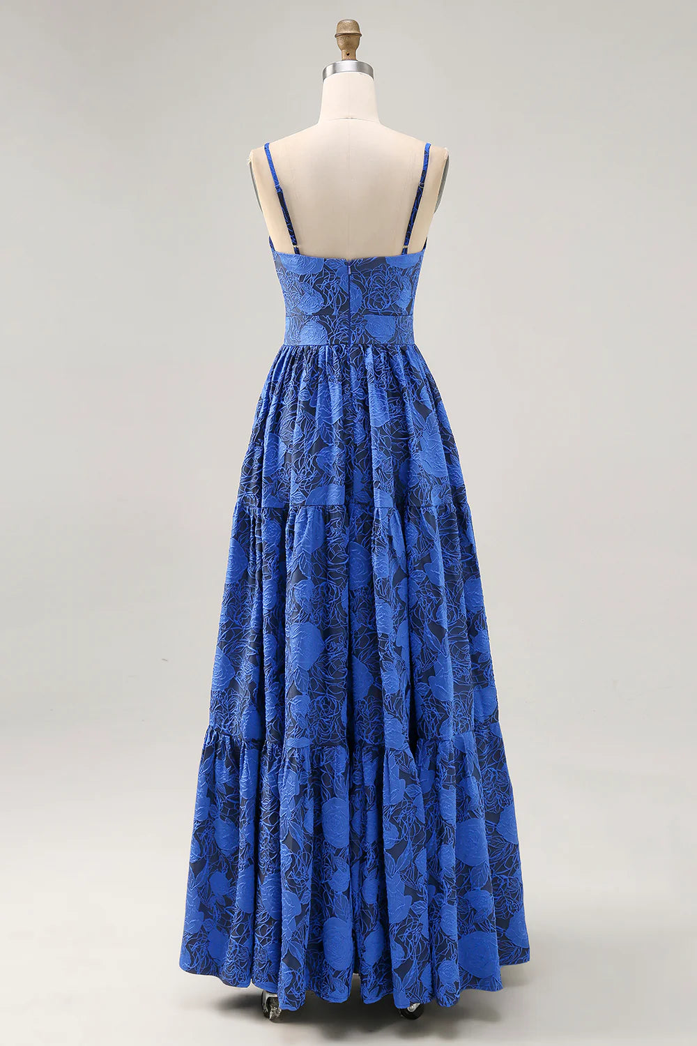 Blue A-Line Spaghetti Straps Cut Out Floral Floor Length Dress