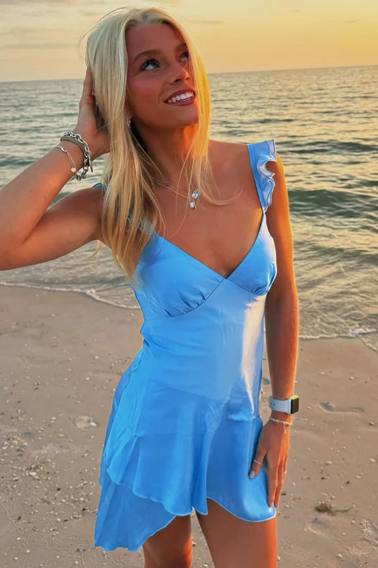 Blue A-Line Straps V-Neck Satin Sleeveless Short Homecoming Dress