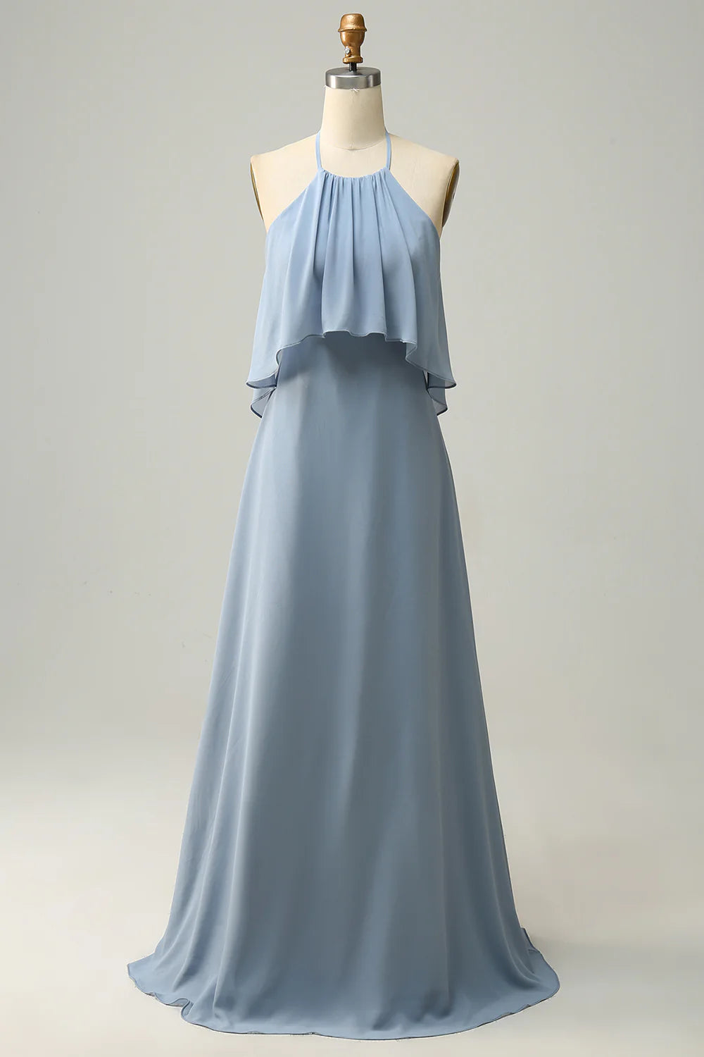 Blue A-line suspender chiffon pleated bridesmaid dress