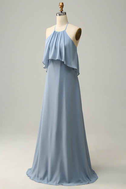Blue A-line suspender chiffon pleated bridesmaid dress
