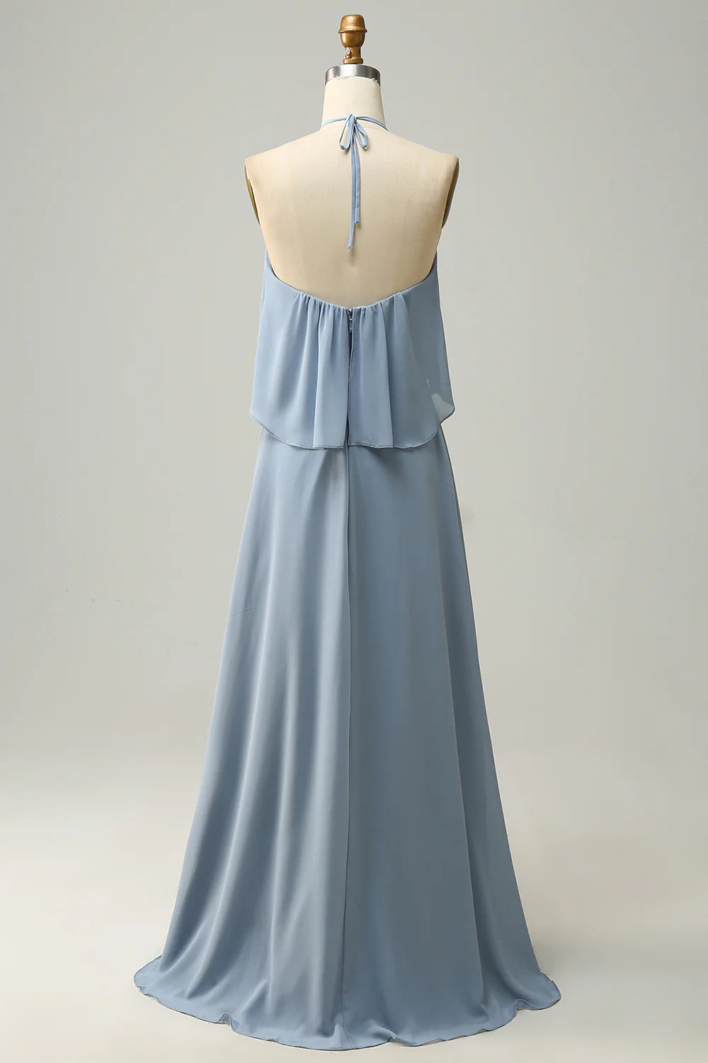 Blue A-line suspender chiffon pleated bridesmaid dress
