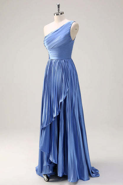 Blue A Line One Shoulder Ruched High-Low Bridesmaid Dress with Slit