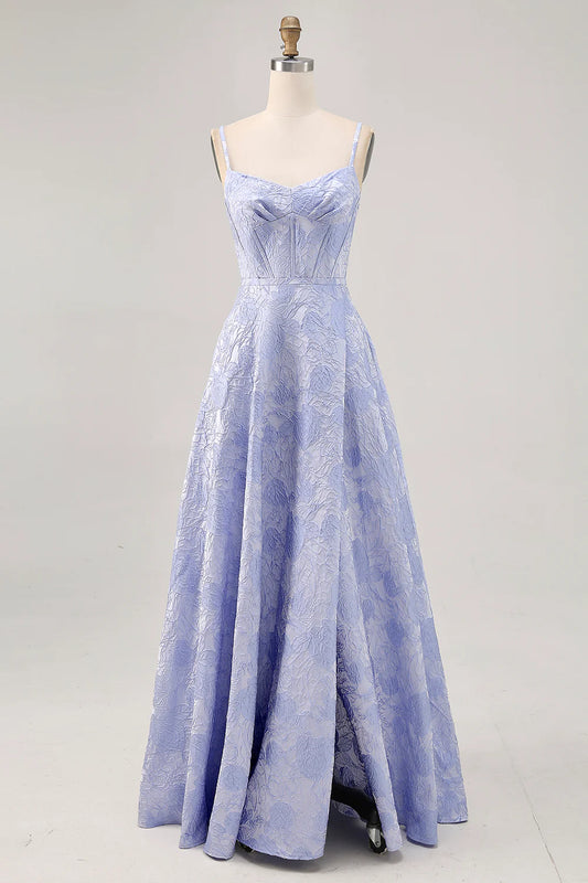 Blue A Line Spaghetti Straps Corset Printed Floral Prom Dress with Slit