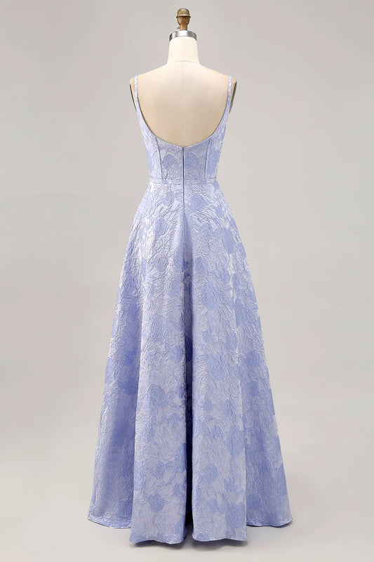 Blue A Line Spaghetti Straps Corset Printed Floral Prom Dress with Slit