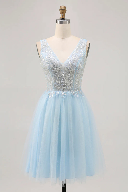 Blue A Line V-Neck Floral Appliqued Short Homecoming Dress