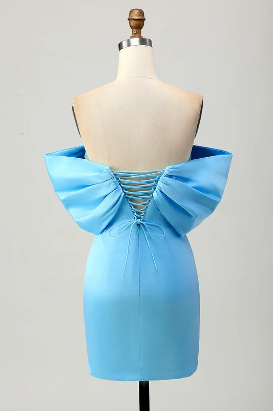 Blue Bodycon Off The Shoulder Short Homecoming Dress with Bow