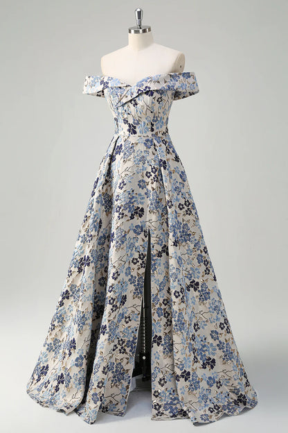 Blue Floral A-Line Strapless Pleated Long Prom Dress With Slit