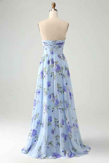 Blue Floral A Line Sweetheart Pleated Long Maxi Dress