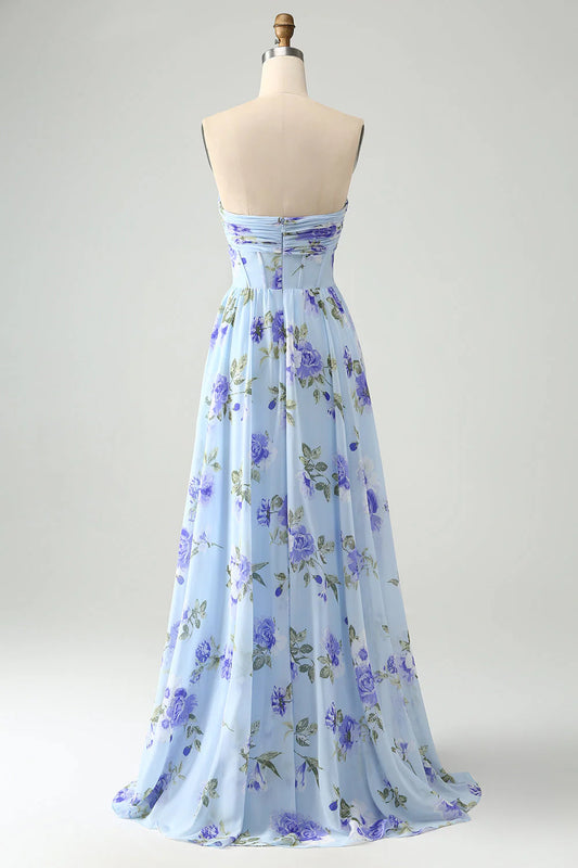 Blue Floral A Line Sweetheart Pleated Long Maxi Dress