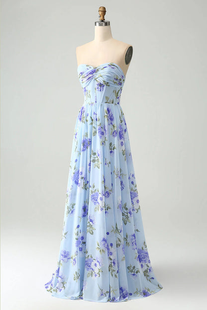 Blue Floral A Line Sweetheart Pleated Long Maxi Dress