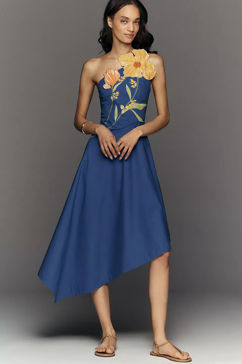 Blue Floral Applique One-Shoulder Midi Evening Dresses with Asymmetric Hem