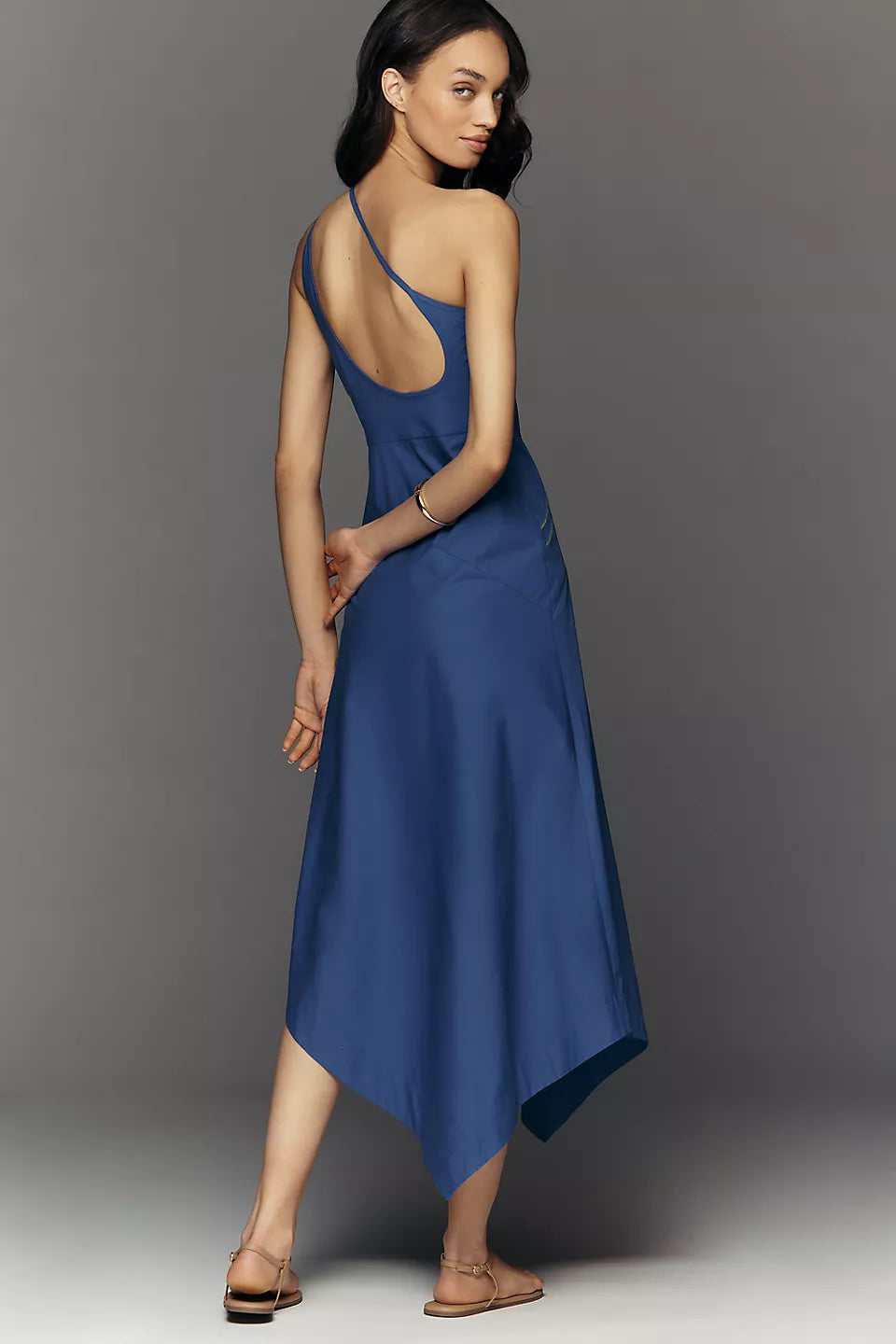 Blue Floral Applique One-Shoulder Midi Evening Dresses with Asymmetric Hem