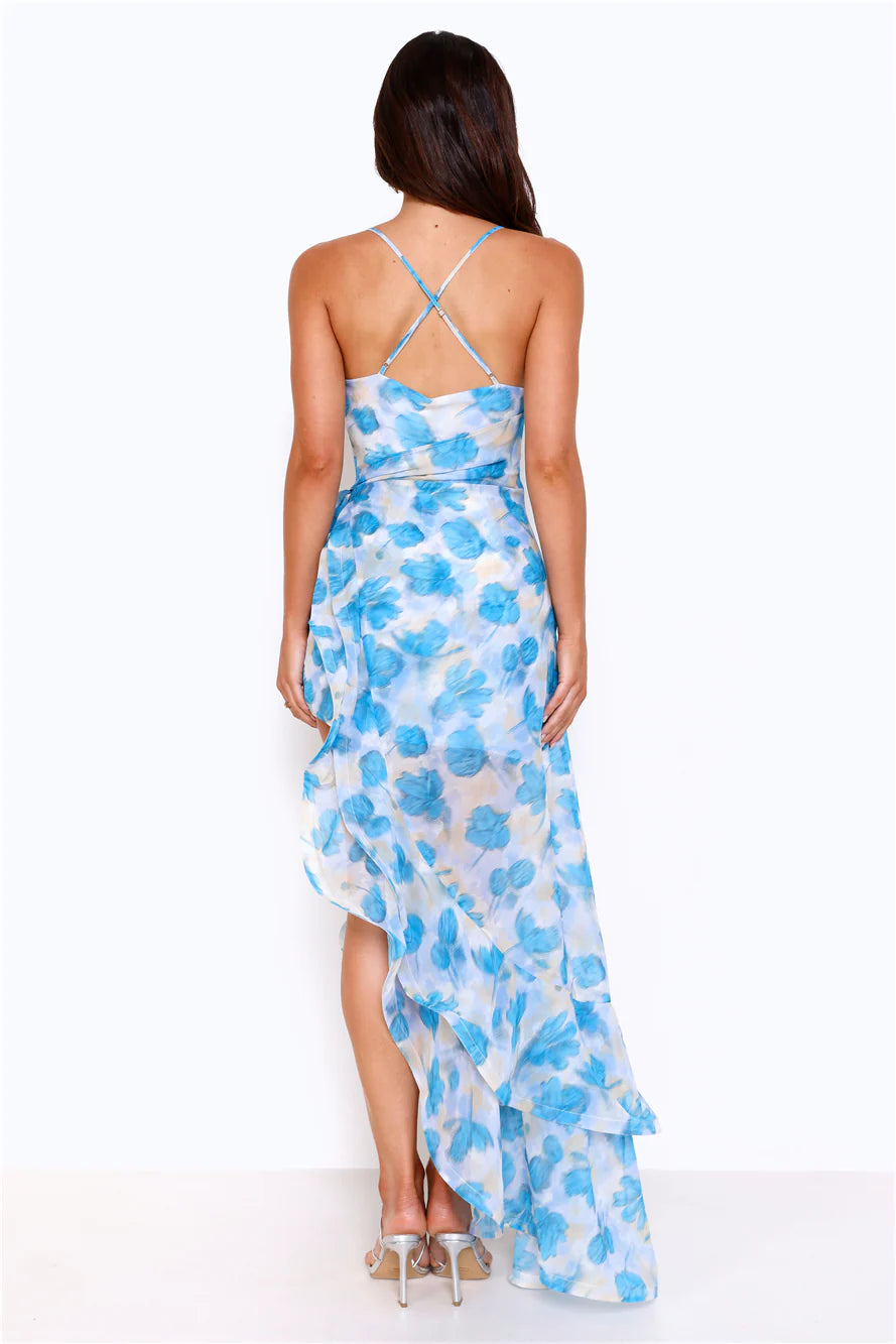 Blue Floral Chiffon High Low Ruffle Evening Dresses