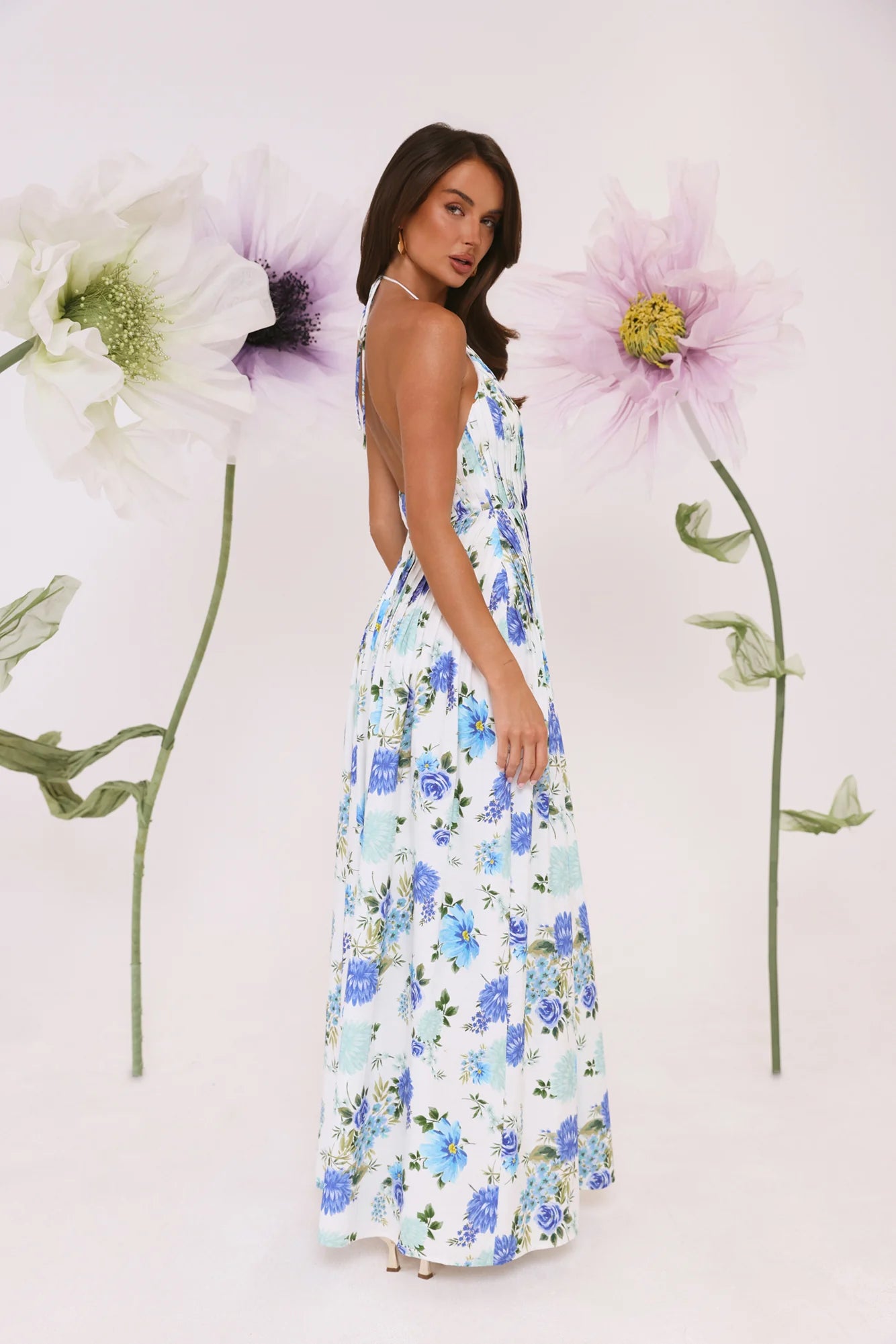 Blue Floral Halter Deep V Pleated Maxi Evening Dresses