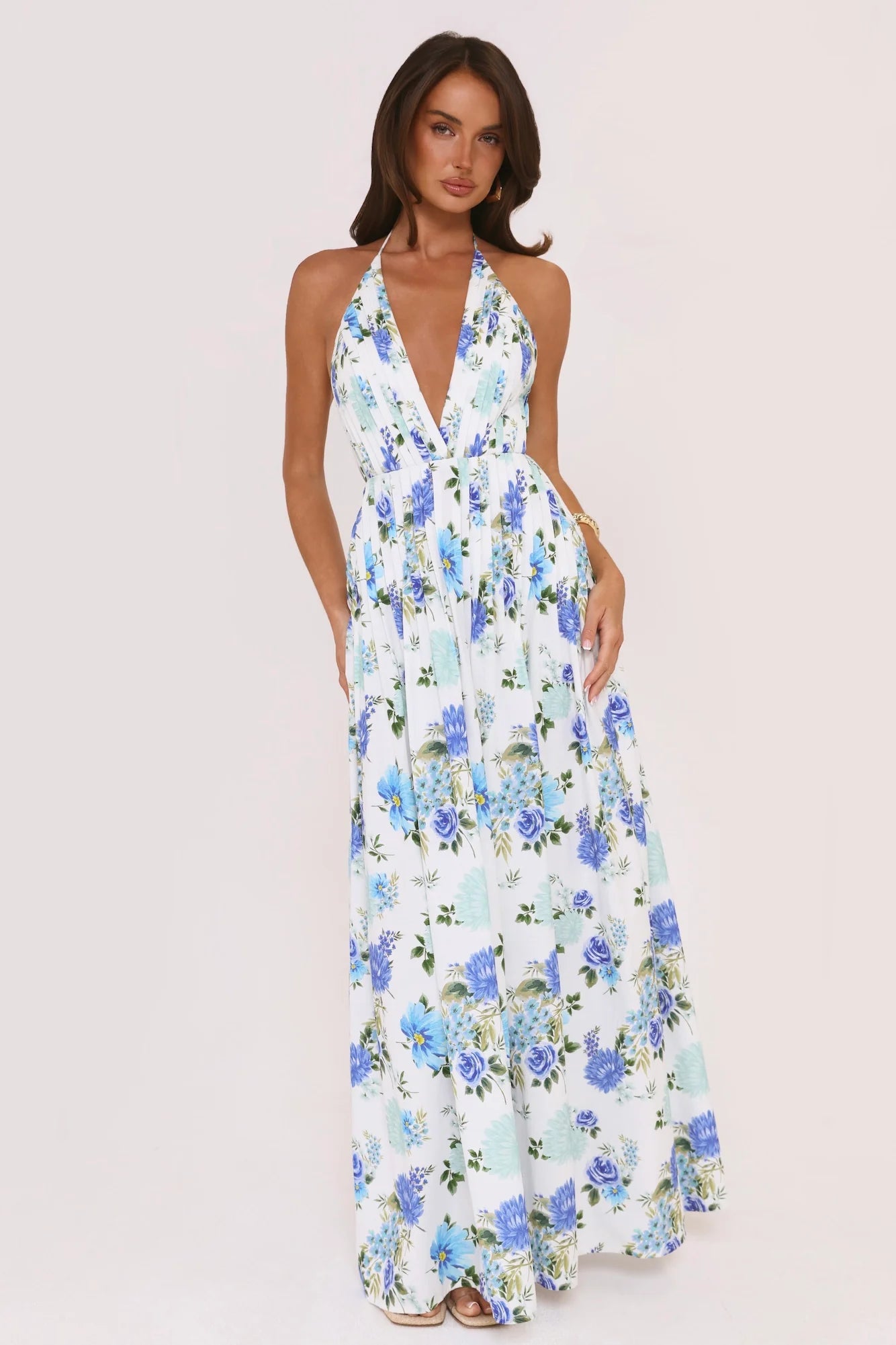 Blue Floral Halter Deep V Pleated Maxi Evening Dresses