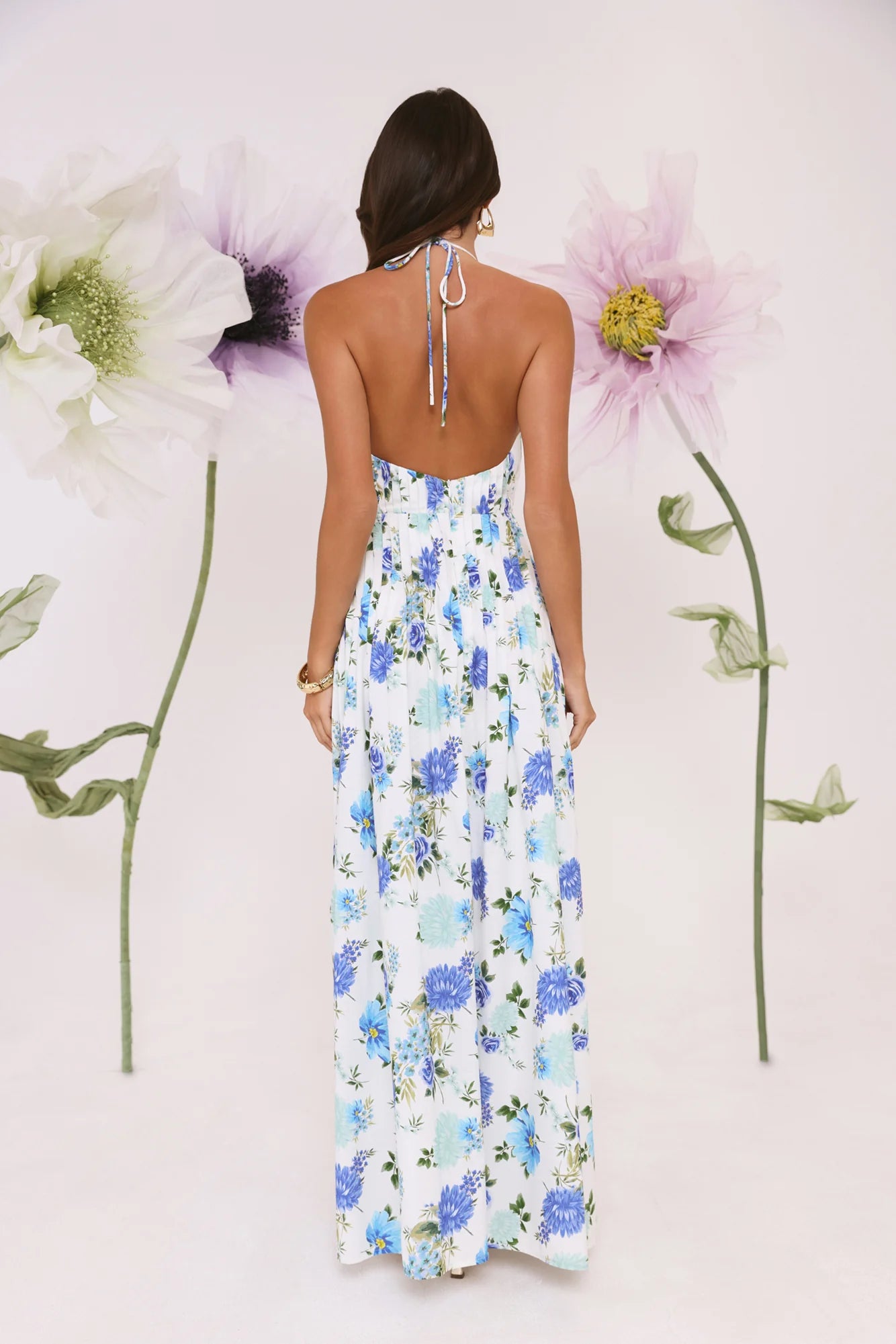 Blue Floral Halter Deep V Pleated Maxi Evening Dresses