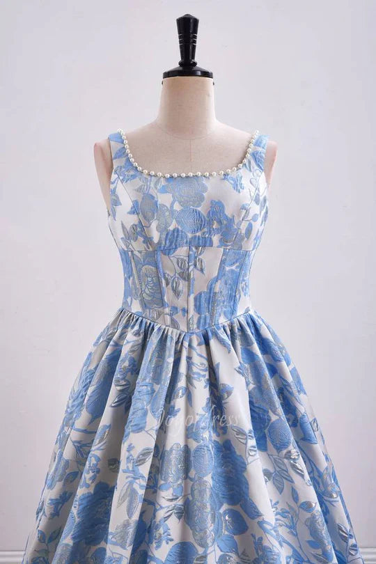 Blue Floral Jacquard Ball Gown with Pearl Neckline and Square Neck