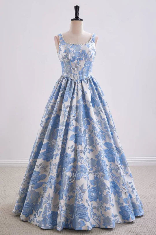 Blue Floral Jacquard Ball Gown with Pearl Neckline and Square Neck