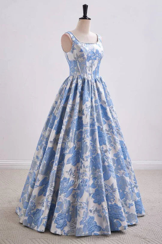 Blue Floral Jacquard Ball Gown with Pearl Neckline and Square Neck