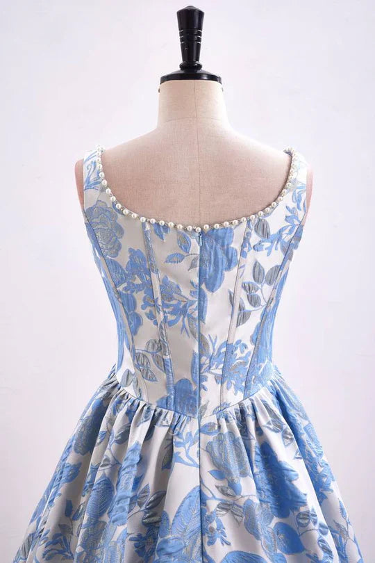 Blue Floral Jacquard Ball Gown with Pearl Neckline and Square Neck
