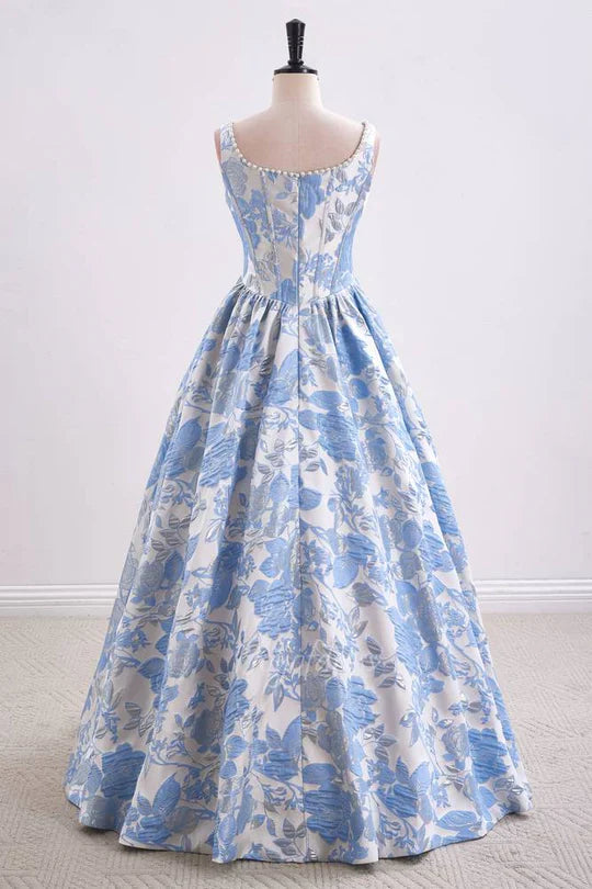 Blue Floral Jacquard Ball Gown with Pearl Neckline and Square Neck