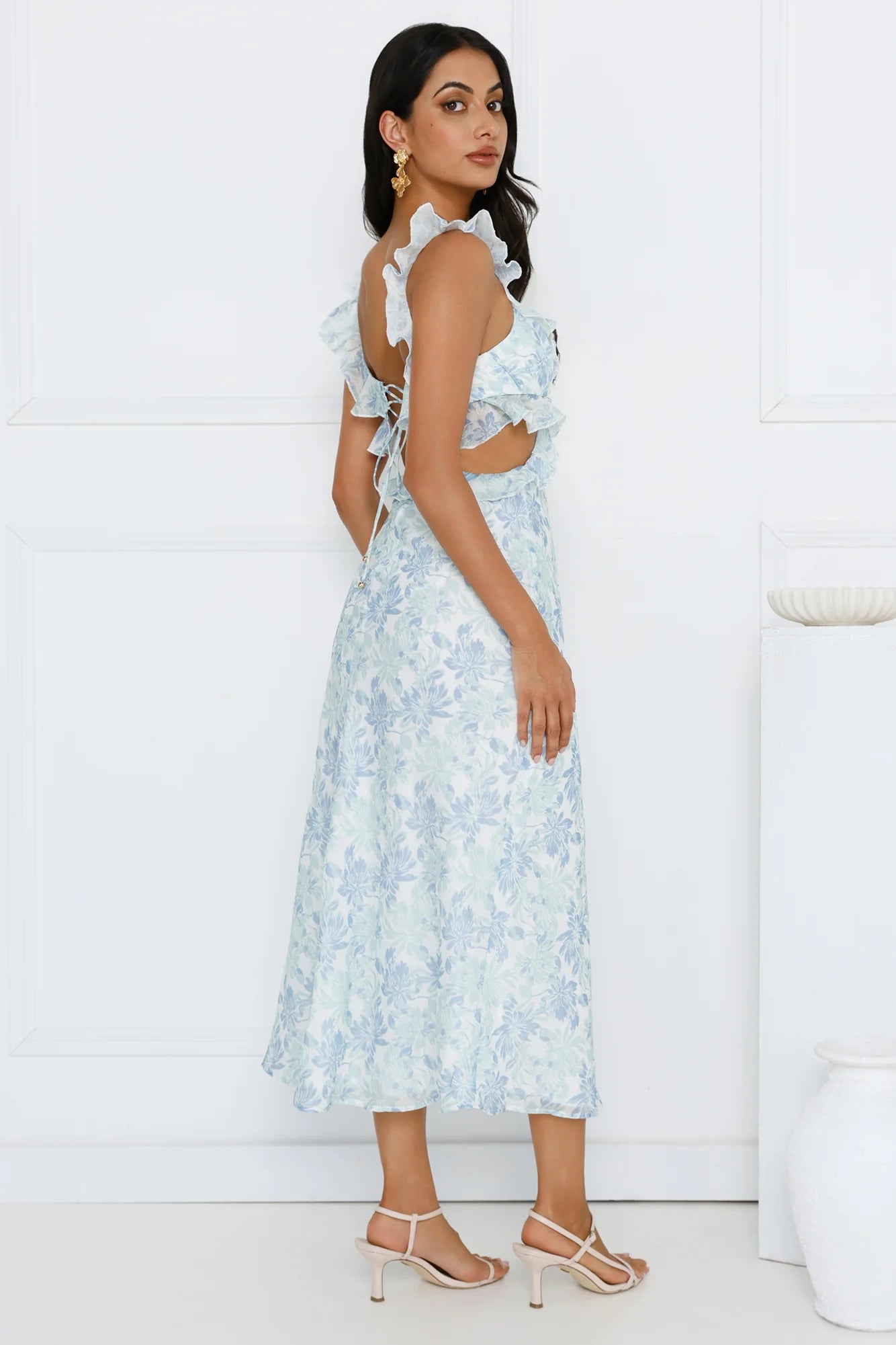 Blue Floral Print Ruffle Detail Lace-Up Back Cutout Waist Midi Evening Dresses