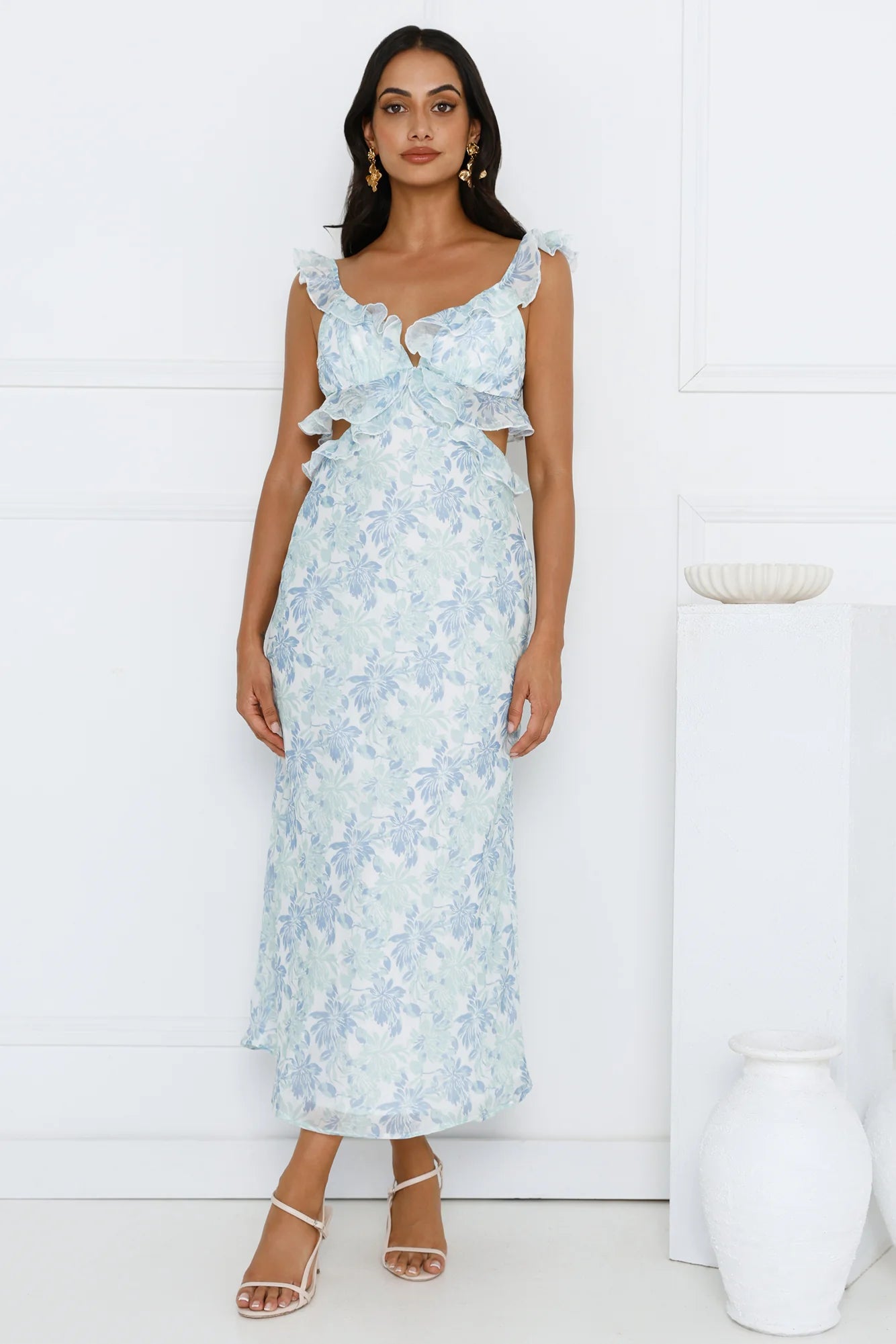 Blue Floral Print Ruffle Detail Lace-Up Back Cutout Waist Midi Evening Dresses