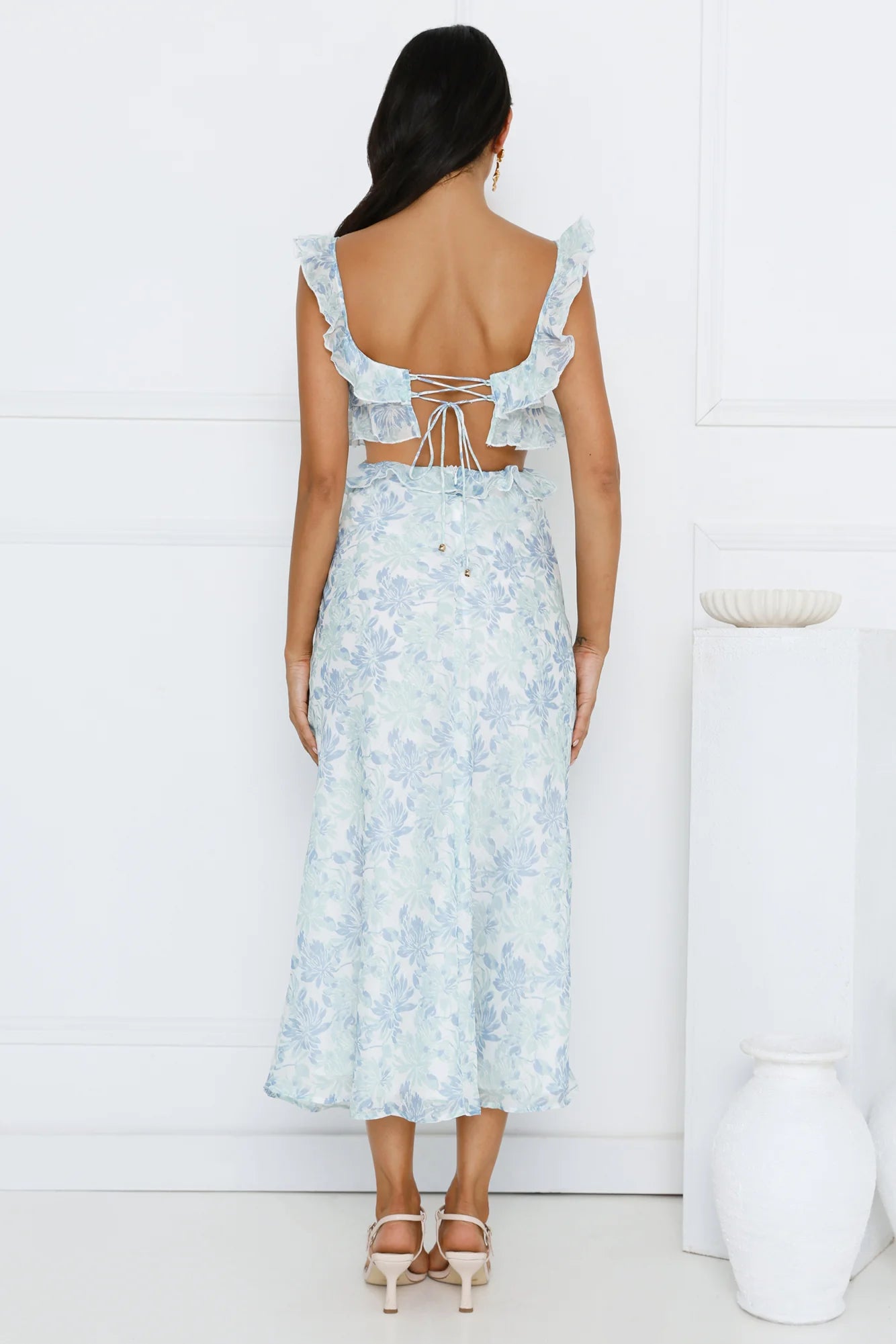 Blue Floral Print Ruffle Detail Lace-Up Back Cutout Waist Midi Evening Dresses