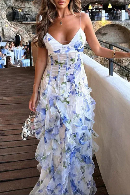 Blue Floral Print Spaghetti Strap Ruffle Maxi Dress with Open Back