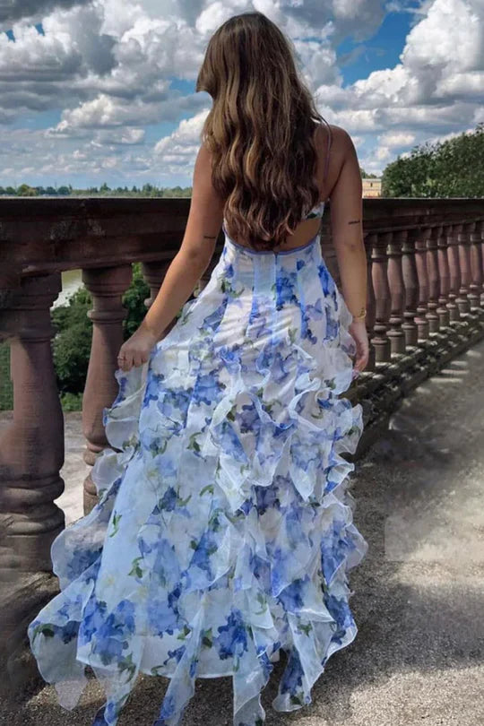 Blue Floral Print Spaghetti Strap Ruffle Maxi Dress with Open Back