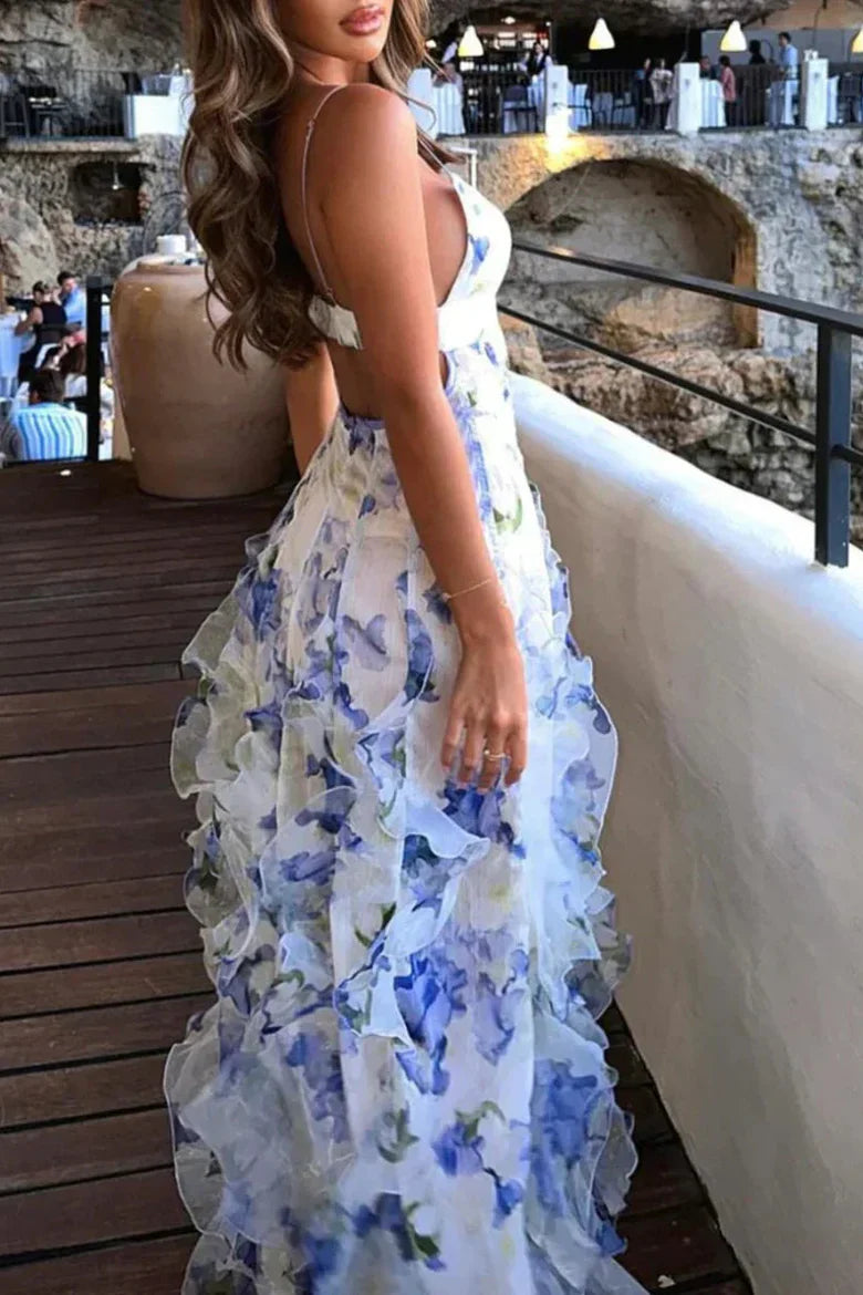 Blue Floral Print Spaghetti Strap Ruffle Maxi Dress with Open Back