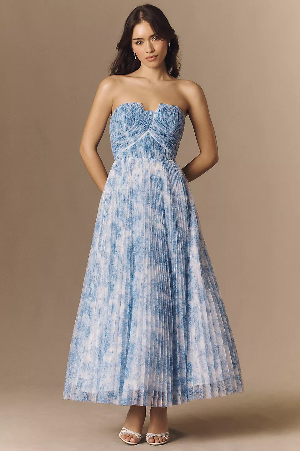 Blue Floral Print Strapless Pleated Chiffon A-Line Maxi Evening Dresses