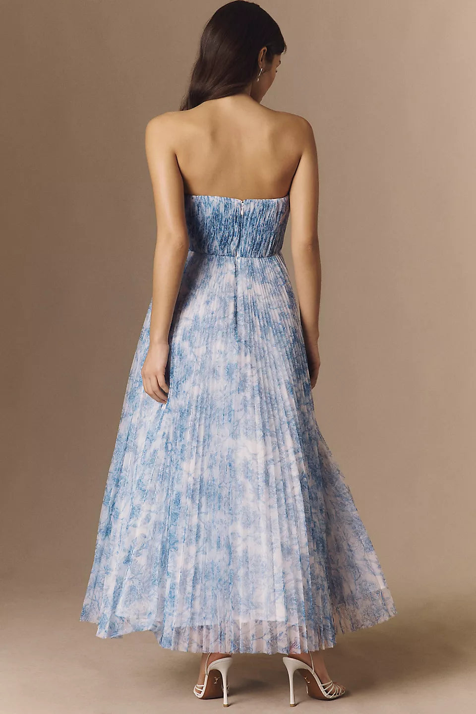 Blue Floral Print Strapless Pleated Chiffon A-Line Maxi Evening Dresses