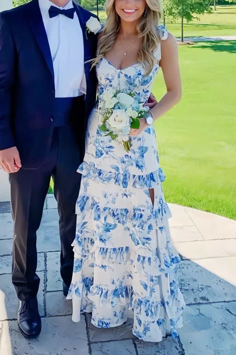 Blue Floral Print Tiered Ruffle Prom Dress with a High Side Slit