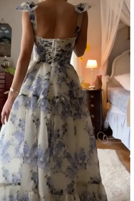 Blue Floral Print Tiered Tulle Lace Up Back Maxi Evening Dresses